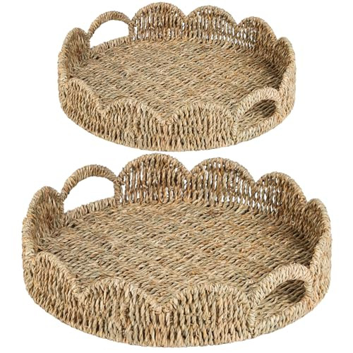 ATEDIR Scalloped Serving Tray, 2-Pack Scalloped Woven Round Table Decor Tray, Wicker Rattan Basket Tray with Handles, Natural Seagrass Tray for Room Decor, Outdoor Serving Tray | Amazon (US)