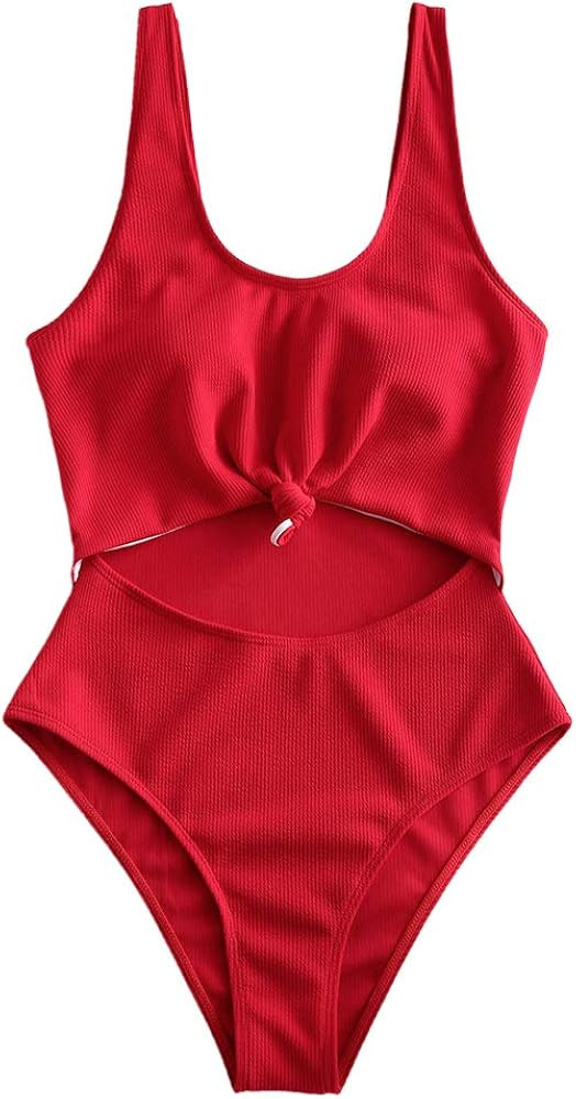 ZAFUL Women's Tie Knot Front Ribbed High Waisted Cut Out One Piece Swimsuit | Amazon (US)