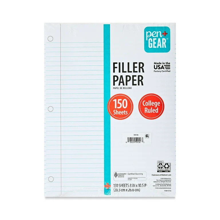 Pen+Gear College Ruled Filler Paper, 10.5" x 8", 150 Sheets (59156) | Walmart (US)