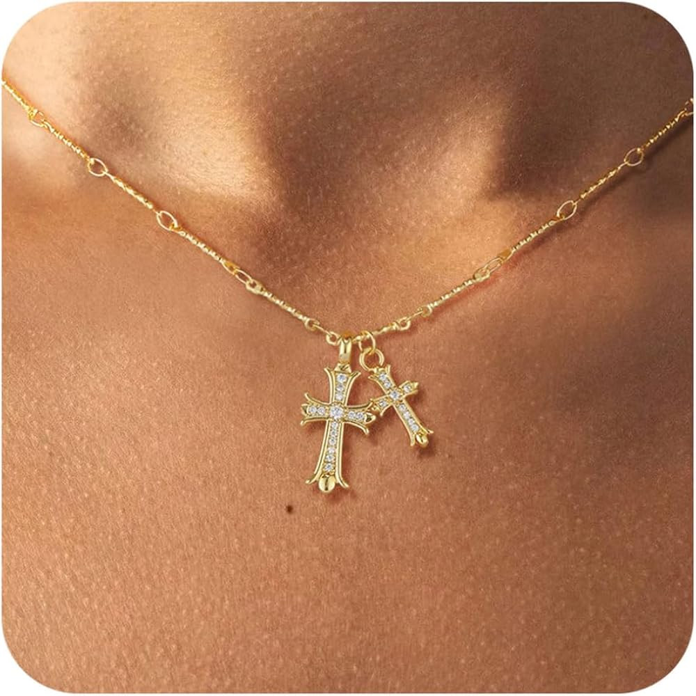 Cross Necklace 14K Gold/Silver Plated Double Cross Pendant Necklace Dainty Diamond Cross Charm Li... | Amazon (US)