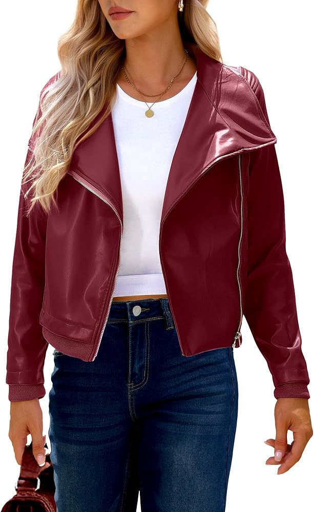 luvamia Womens Zip Up Jacket Fall Outfits Ladies Jackets Faux Leather Jacket Burgundy Maroon Bike... | Amazon (US)