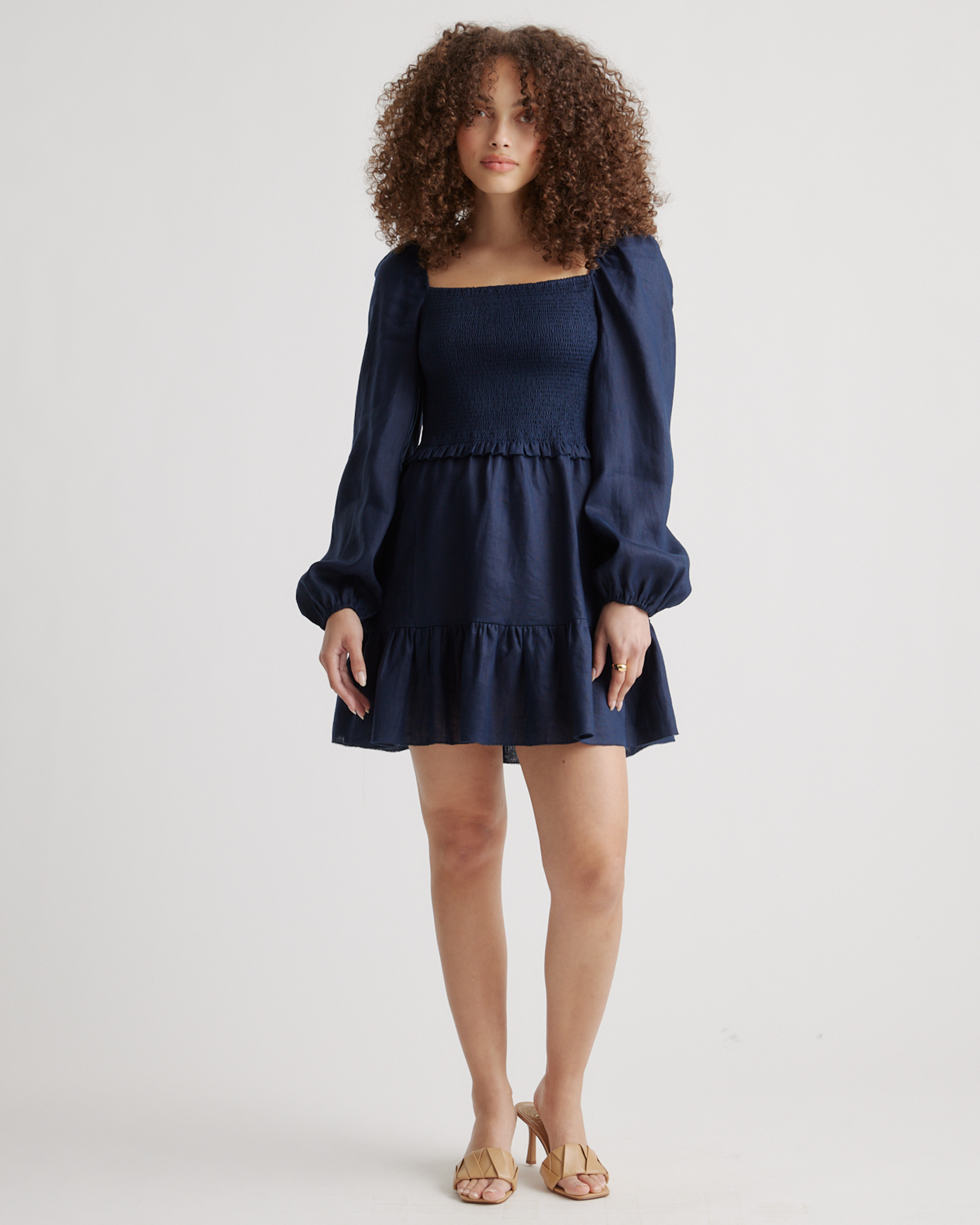 Quince | Women's 100% European Linen Smocked Mini Dress in Deep Navy, Size Small | Quince
