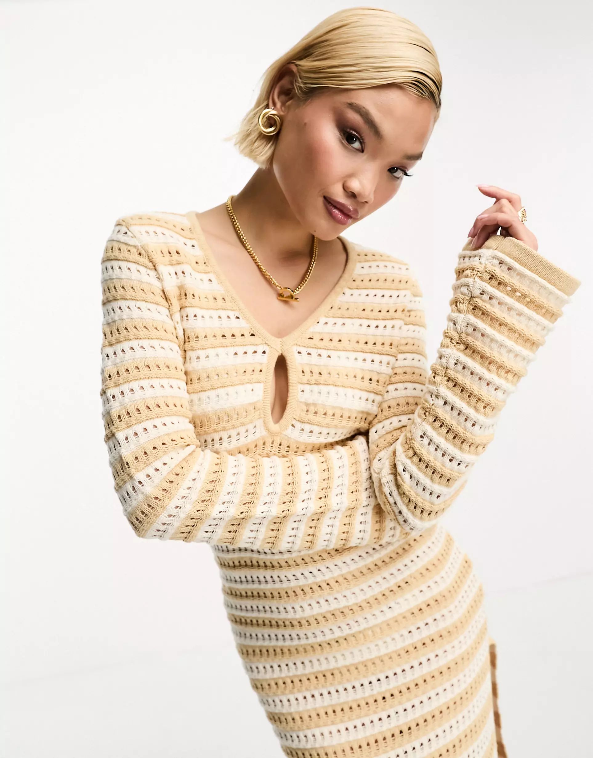 4th & Reckless crochet side split maxi dress in beige stripe | ASOS (Global)