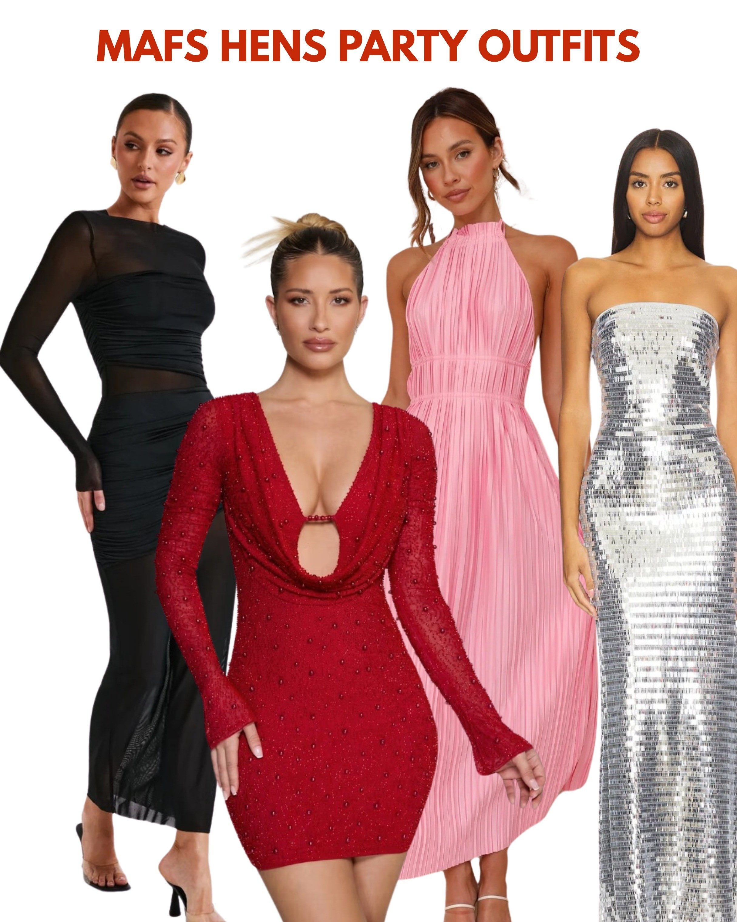 Here are the MAFS hens party outfits - please note I had to substitute Melissa's pink dress as there wasn't an ltk (but this one is pretty similar). 

