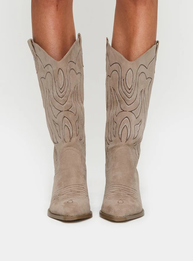 Billini Delanie Cowboy Boots Taupe Faux Suede | Princess Polly US