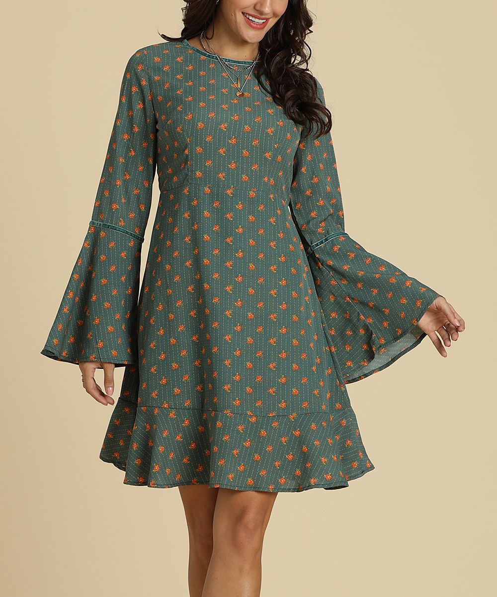 Green Ruffle-Trim Bell-Sleeve Dress - Plus | Zulily