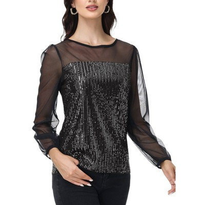 Anna-Kaci Women's Sheer Mesh Long Sleeve Top with Sequin Front Panel and Crew Neckline - X Large, Black and Silver | Target