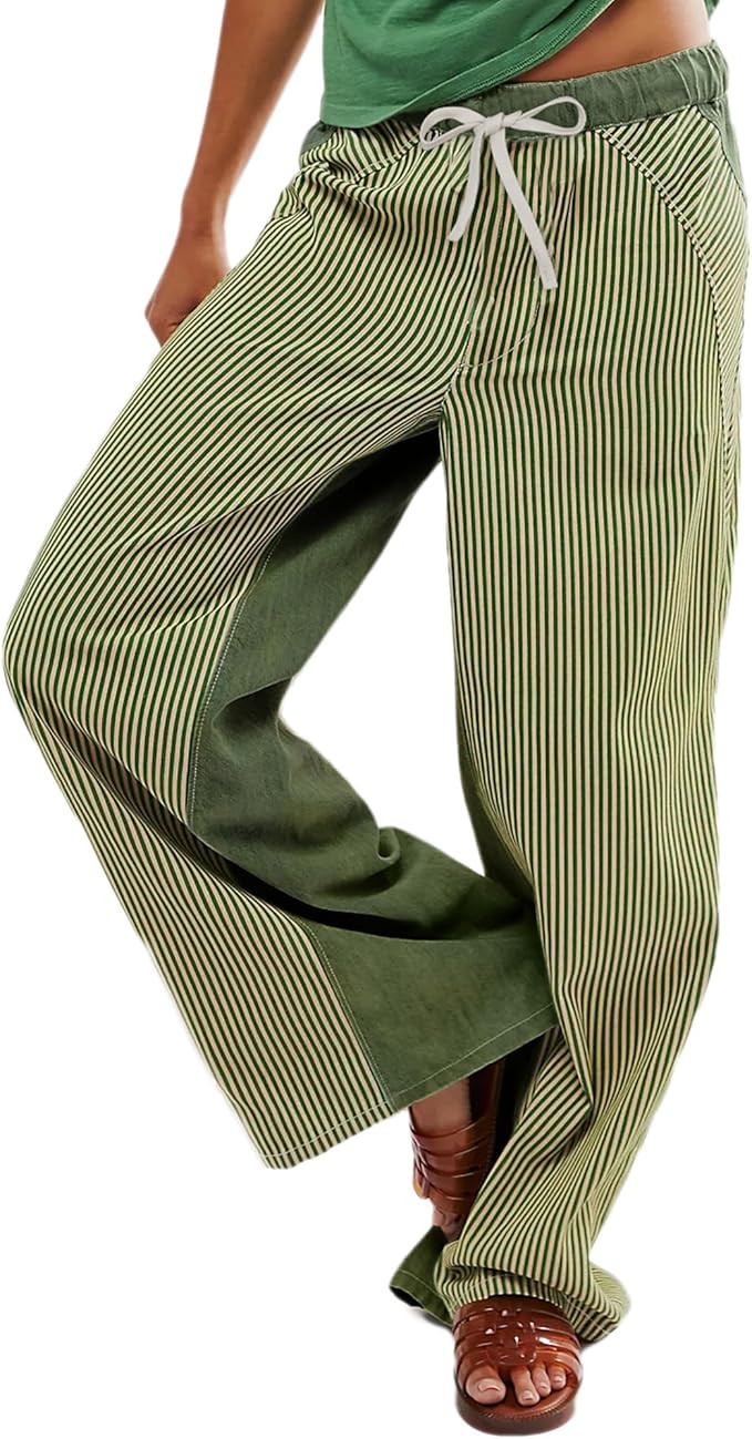 Low Rise Striped Pants for Women Pull On Drawstring Boho Wide Leg Jeans Trendy 2025 | Amazon (US)