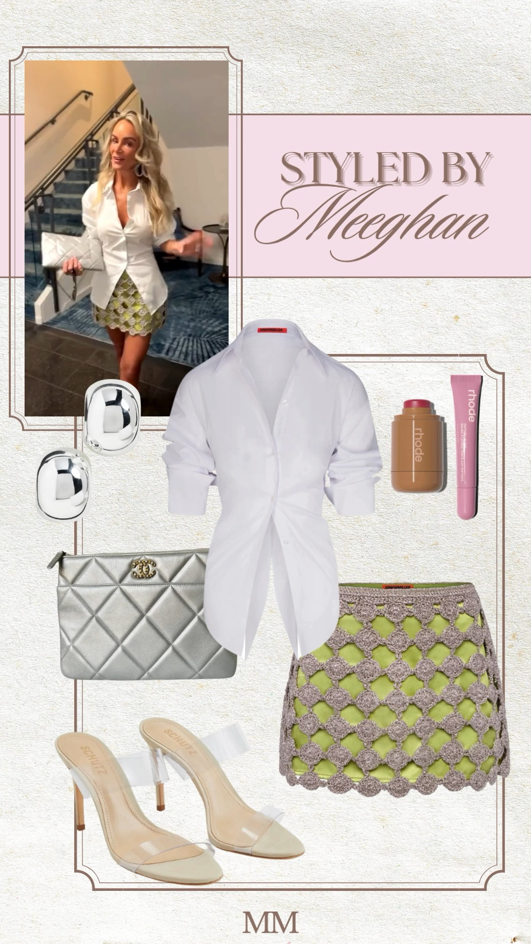 White button down outfit styled with a crochet mini skirt and clear heels for a chic summer night out look. This elevated casual outfit pairs a tailored white blouse with a statement mini skirt, neutral heels, silver accessories, and a quilted designer clutch for a polished feminine outfit.

[white button down outfit, white blouse outfit women, crochet skirt outfit, mini skirt outfit ideas, summer date night outfit, chic summer outfit women, clear heels outfit, neutral heels outfit, designer clutch outfit, feminine classy outfit, trendy summer outfits, elevated casual outfit]

#LTKOver40 #LTKootd