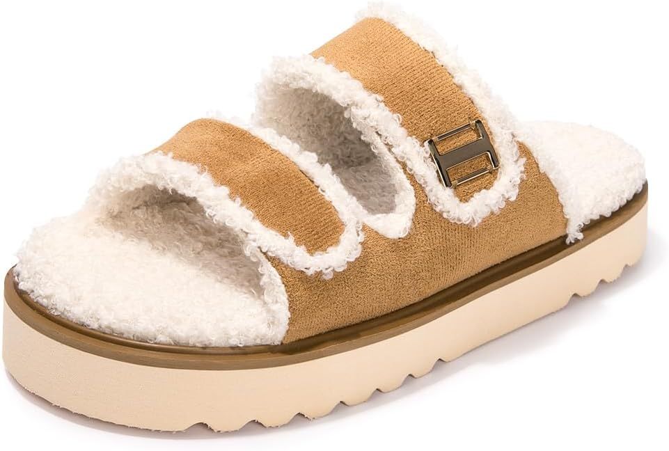 FUNKYMONKEY Women's Comfort Fur Slippers Double Buckle Adjustable with Cozy Lining,Faux Fur Cork ... | Amazon (US)