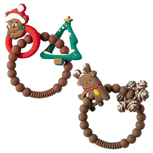 2Pcs Christmas Baby Silicone Teething Toys Christmas Tree and Bear Teething Ring Baby Soft Teethers Christmas Reindeer Teether Toys Toddler Teething Chew Toys Christmas Gifts for Baby Boy and Girl | Amazon (US)