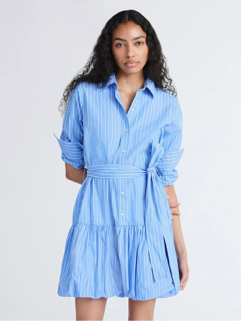 Free Assembly Women's Belted Bubble Hem Cotton Mini Dress with Long Sleeves, Sizes XS-XXL | Walmart (US)