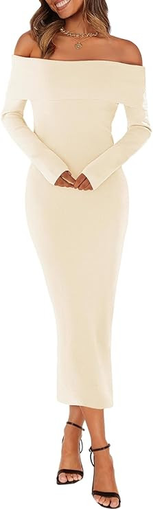 MEROKEETY Women's Fall Off Shoulder Bodycon Sweater Dress 2025 Formal Long Sleeve Elegant Club Pa... | Amazon (US)