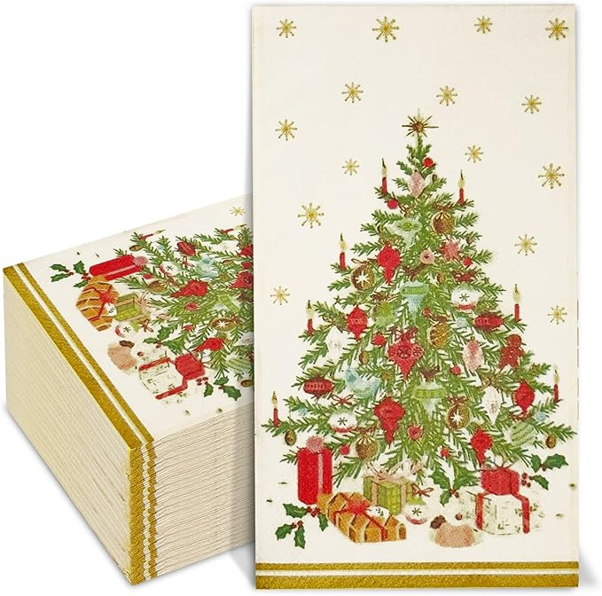 60 Pack Vintage Christmas Tree Themed Guest Napkins 4.3 × 7.8Inch Cream Snowflake Christmas Tree... | Amazon (US)