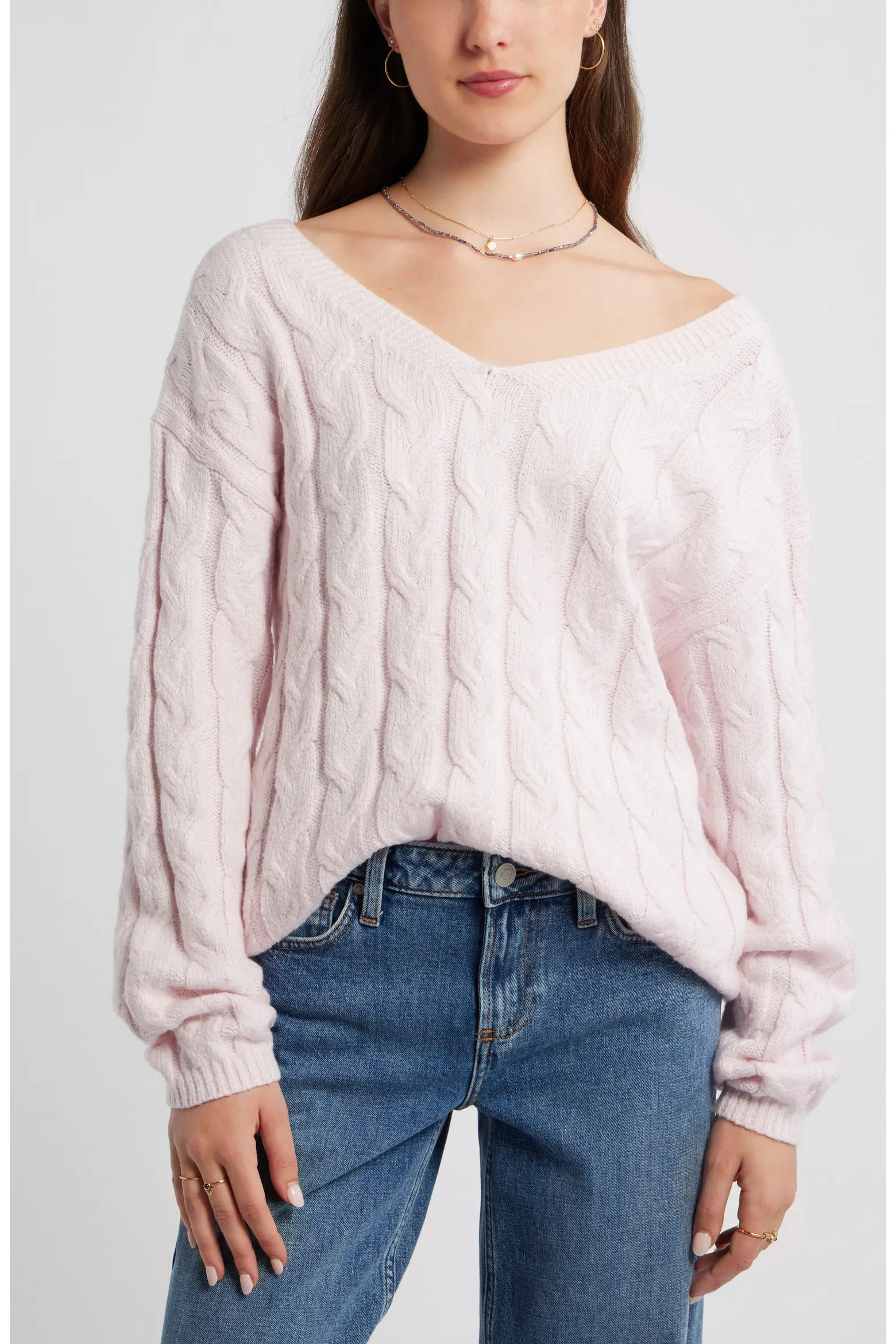 Cable Knit V-Neck Cotton Blend Sweater (Women) | Nordstrom | Nordstrom