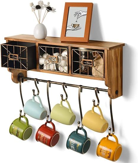 Rustic Coat Rack Wall Shelf with Hooks Entryway Organizer Hanging Shelf for Mug Coffee Cup Holdin... | Amazon (US)