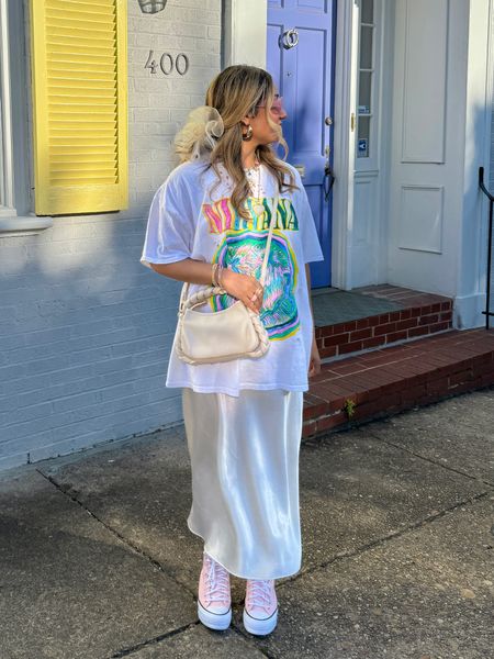 Pinterest inspired outfit, graphic tee shirt outfit, satin skirt outfit, platform converse, trendy spring outfit, spring fashion 2024

#LTKfindsunder50 #LTKstyletip #LTKSeasonal