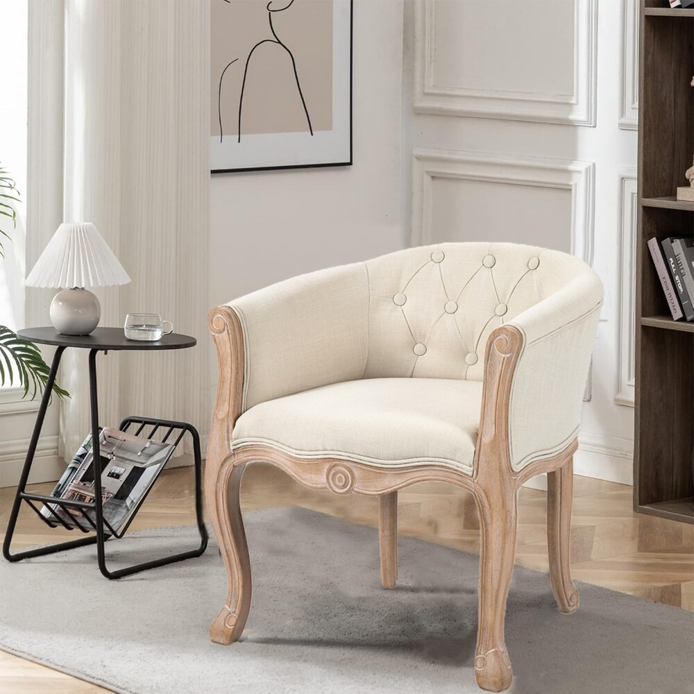 Beige French Country Decorative Accent Chair, Carved Solid Wood Structure Sofa Chair, Retro Tufted Upholstered Chair | Bed Bath & Beyond