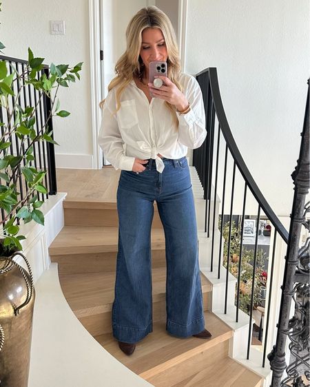 Best high waisted wide leg trouser jeans out there in my opinion! SO flattering. I sized down one. And this white button down is under $30 and a wardrobe staple — grab it in every color! 🙌🏼

#LTKsalealert #LTKfindsunder50 #LTKstyletip