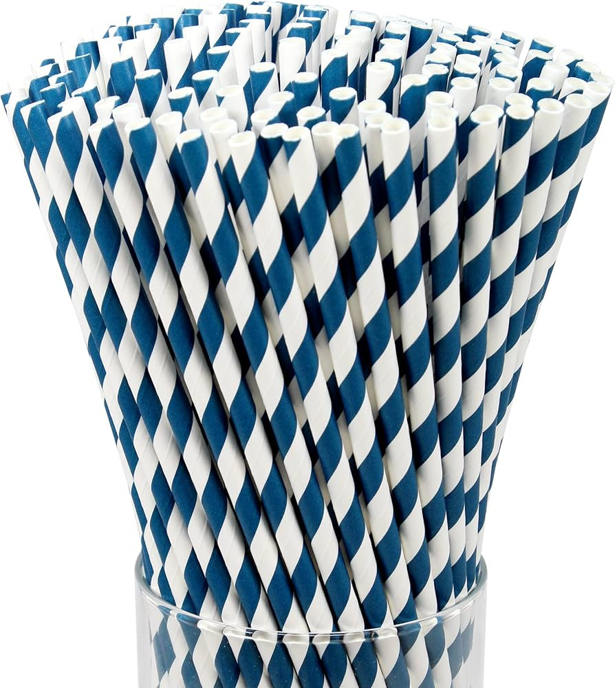 FAMASTON 150-pack Biodegradable Blue Stripes Paper Straws - Disposable Drinking Paper Straws - St... | Amazon (US)