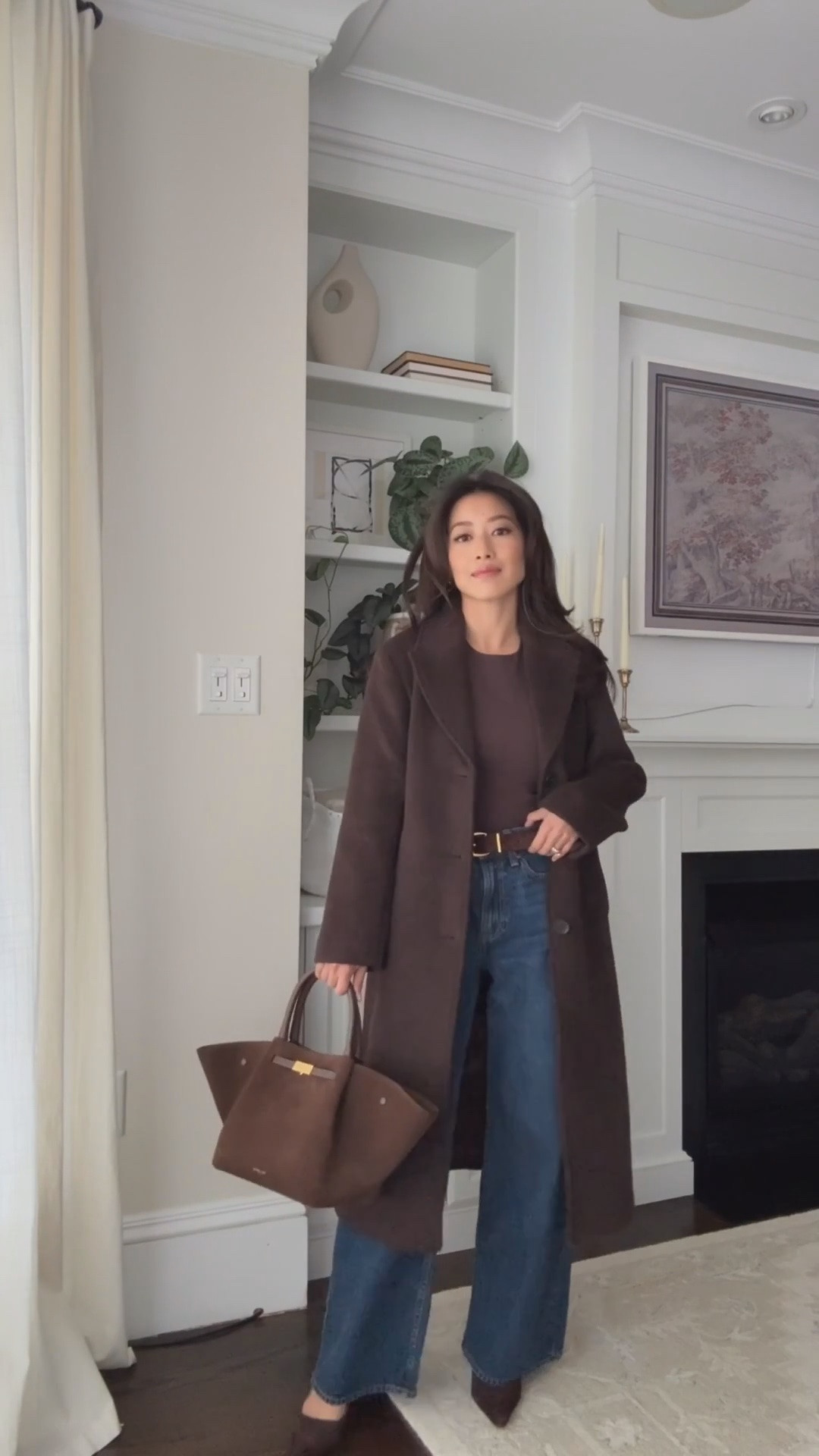 Use code AFLTK ! Size info below
• High rise wide leg jean 24 Short, runs loose fit at waist and throughout . I’m wearing Short with heels, but this also comes in Extra Short !
• double layered brown crewneck layering top XS (I size up in fitted tops so it isn’t too tight) this one is nice and soft 
• wool tailored topcoat XXS petite, warm weight, petite is longer past midi length this now comes in navy 
• Madewell belt XXS 
• Sam Edelman kitten heels 5.5 
• Demellier bag 

Fall winter outfits, classic workwear style, petite friendly jeans and pants 

 #LTKSeasonal #LTKPetite #LTKWorkwear