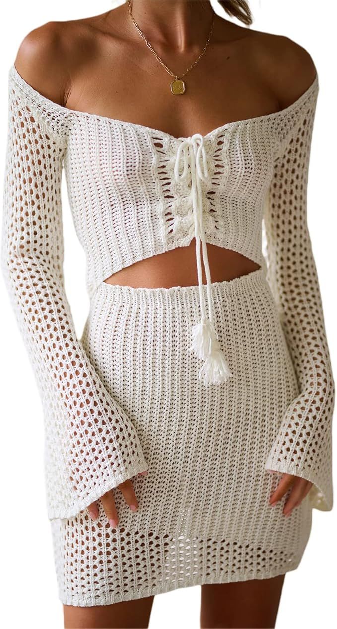 Yuemengxuan Women Crochet Knitted Cover up Dress Hollow Out See Through Knit Mini Dress Sexy Back... | Amazon (US)