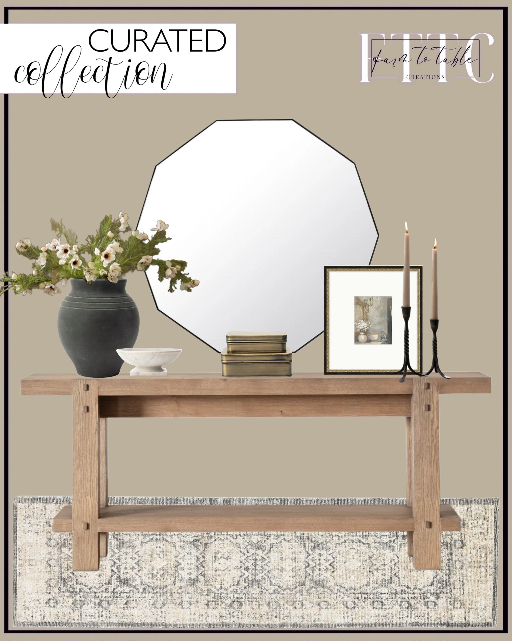 Curated Collection. Follow @farmtotablecreations on Instagram for more inspiration.

McGee & Co. Jack console table.  Hawley Decagon Mirror. Golden still life artwork. Ethel Vase. Cosmos Stems. Selena Rug. Rosario Taper Candle holders. Harriet brass boxes. Tayva Bowl. 

Living Room Finds | Spring Refresh |  Bedroom Finds | Neutral Stems | Spring Stems | Bookshelf Decor | Bedroom Space | Cozy Corner | Bathroom | Curated Entryway | Spring  Decor | End of Year Clearance | Trending Decor | Viral Decor  | Coffee Table Decor | Neutral Decor | Stem Sale | Target Finds | Skinny Bench | Bedroom | Living Room | Breakfast Nook | Amazon Home | Target Sale | Loloi Rugs | Magnolia Home | console table | console table styling | faux stems | entryway space | front porch decor | neutral decor | entryway decor | cozy home | affordable decor |  home decor | home inspiration | console styling | entryway rug | cozy moody home | moody home decor | neutral home | bathroom decor | living room | spring decor | Hearth & Hand | Studio McGee | 2025 Home Trends | trending home | Walmart Home Finds


#LTKFindsUnder50 #LTKSaleAlert #LTKHome