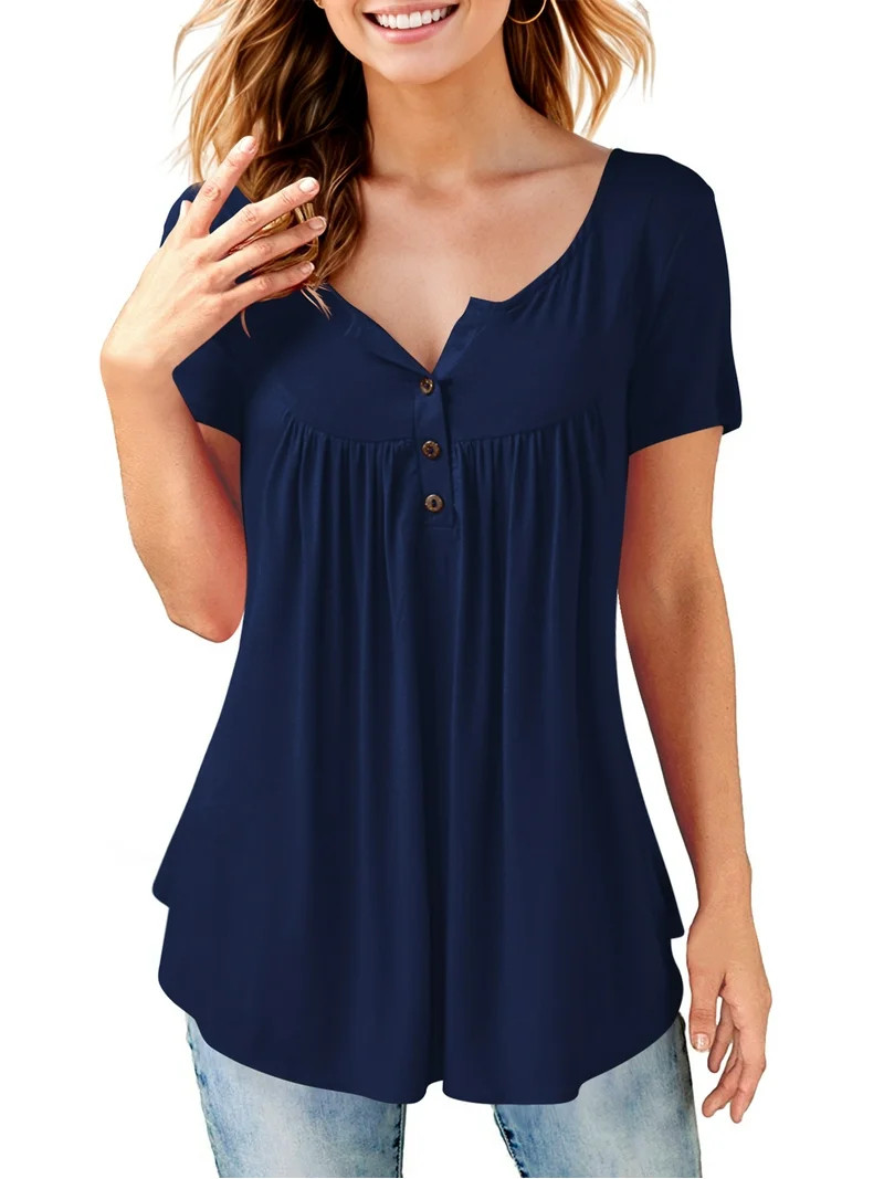 Fancyglim Womens Tunic Tops Short Sleeve V Neck Henley Shirts Blouse Navy 3XL | Walmart (US)