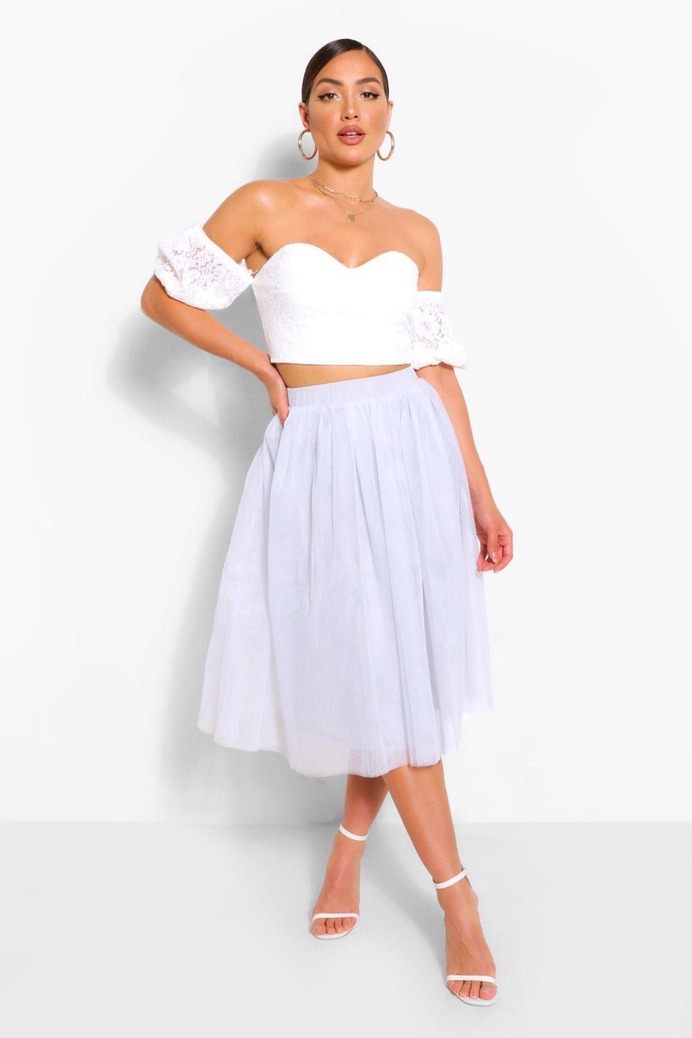 Womens Off The Shoulder Lace Top And Tulle Midi Skirt Two-Piece Set - Grey - 2 | Boohoo.com (US & CA)