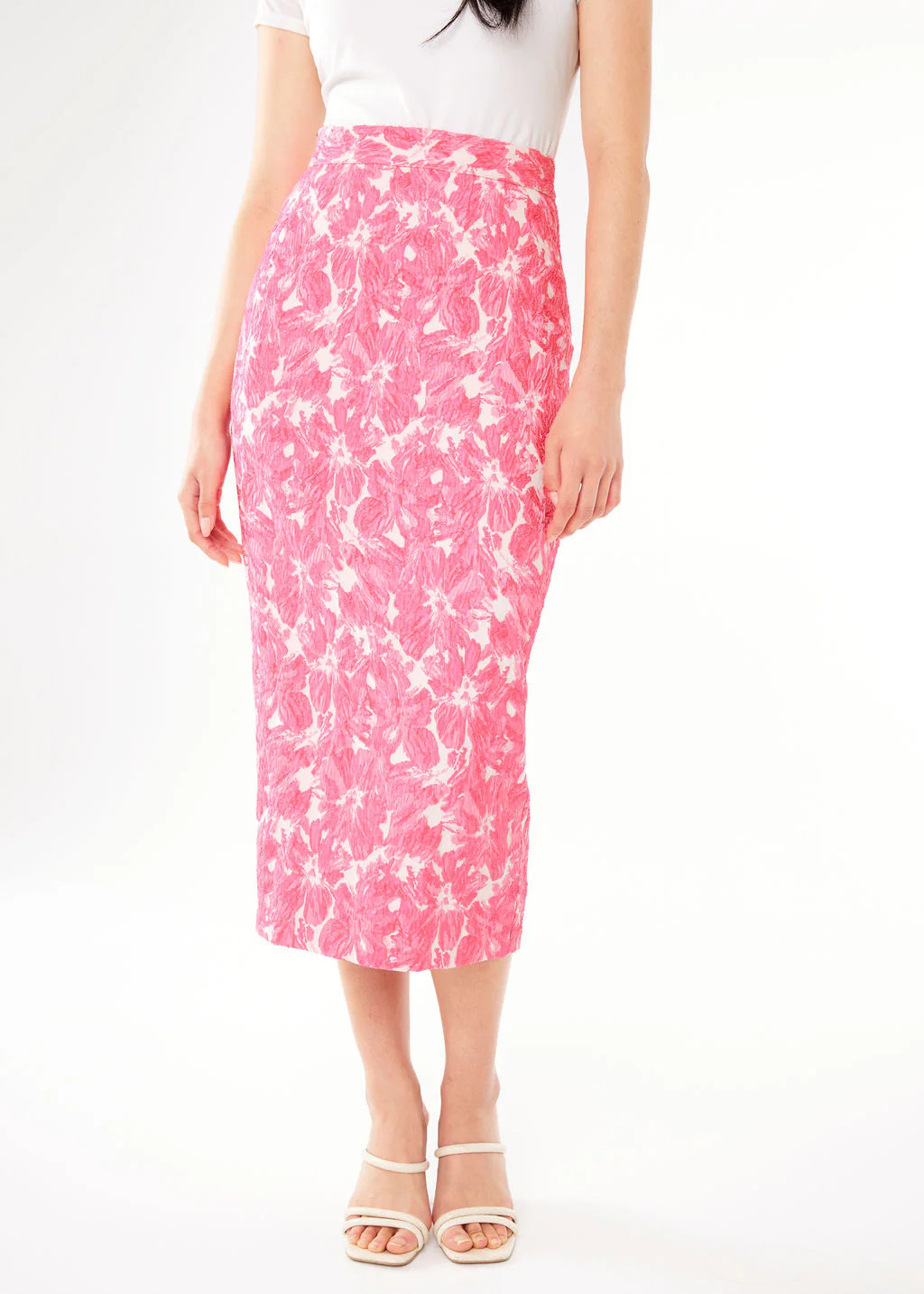 Julia Pencil Skirt Hot Pink Hibiscus Jacquard | Abbey Glass