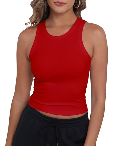 GEMBERA Womens Sleeveless High Neck Racerback Ribbed Knit Fitted Basic Cropped Tank Top (3936 Red M) | Amazon (US)