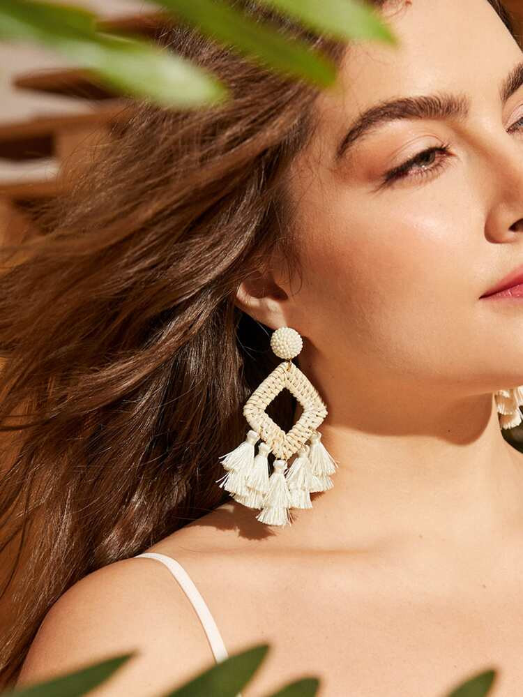 Tassel Decor Wooden Geometric Earrings | SHEIN