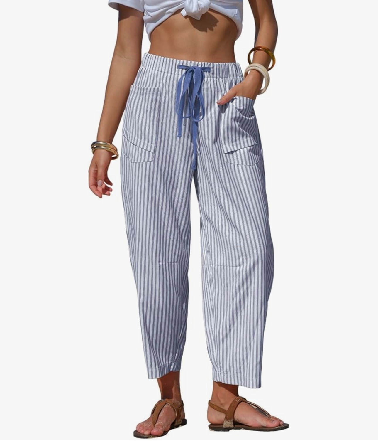 EXLURA Womens Faux Linen Striped Barrel Pants Comfy Drawstring Capri Pant with Pockets Summer Beach Vacation Lounge Trousers

#LTKgrwm #LTKootd #LTKSpringSale