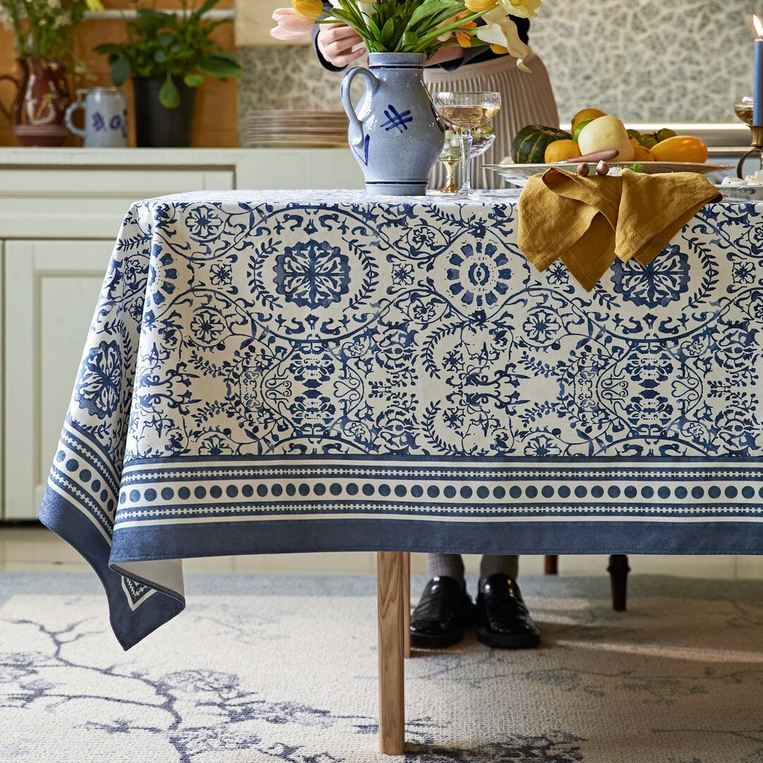 Retro Blue and White  Porcelain Pattern Block Print Table Cloth, Custom Floral Rustic Table Cloth... | Etsy (US)
