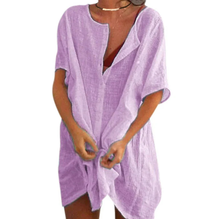 Hawaiian Holiday Boho Cotton Linen Dress For Women Summer Short Sleeve Evening Party Loose Tunic ... | Walmart (US)