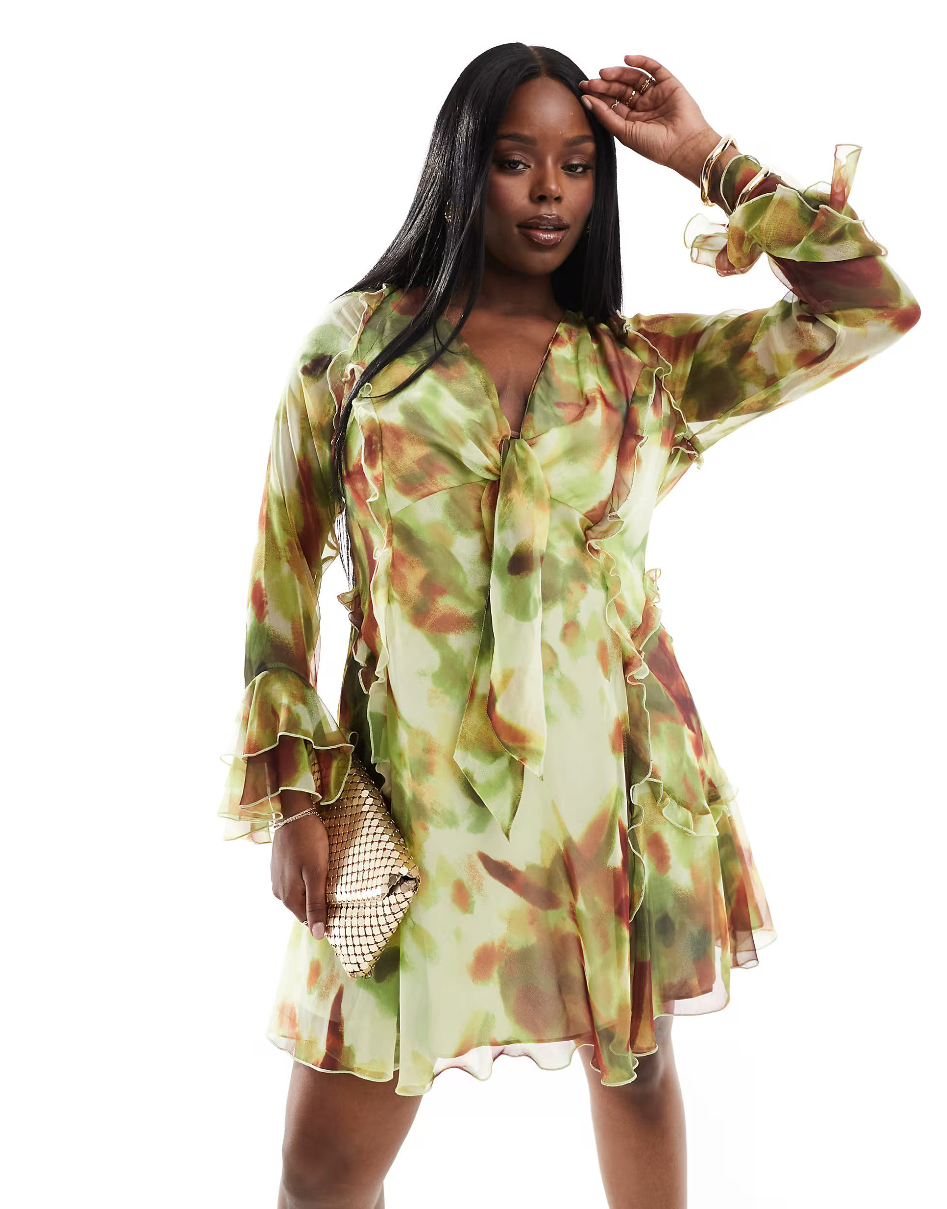 ASOS DESIGN Curve ruffle tie front plunge mini dress with frill sleeves in green abstract print | ASOS (Global)
