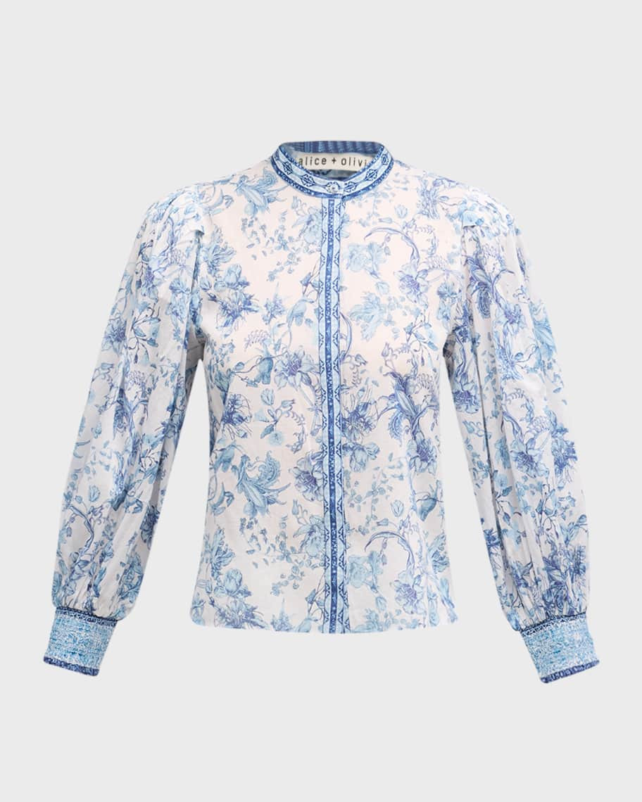 Alice + Olivia April Pleated Blouson-Sleeve Top | Neiman Marcus