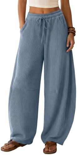 EXLURA Womens Baggy Barrel Pants Waffle Knit Wide Leg Drawstring Sweatpants High Waisted Comfy Lo... | Amazon (US)