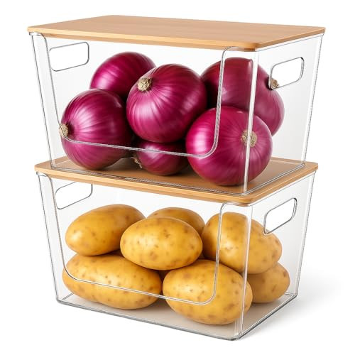CiWiVOKi 2 Set Pantry Organizers and Storage - Clear Stackable Bins with Bamboo Lid for Fruit, Onion, Potato, Vegetable - Trash Bag Holder Dispenser Under Sink Organizer for 4-13 Gal Bags | Amazon (US)