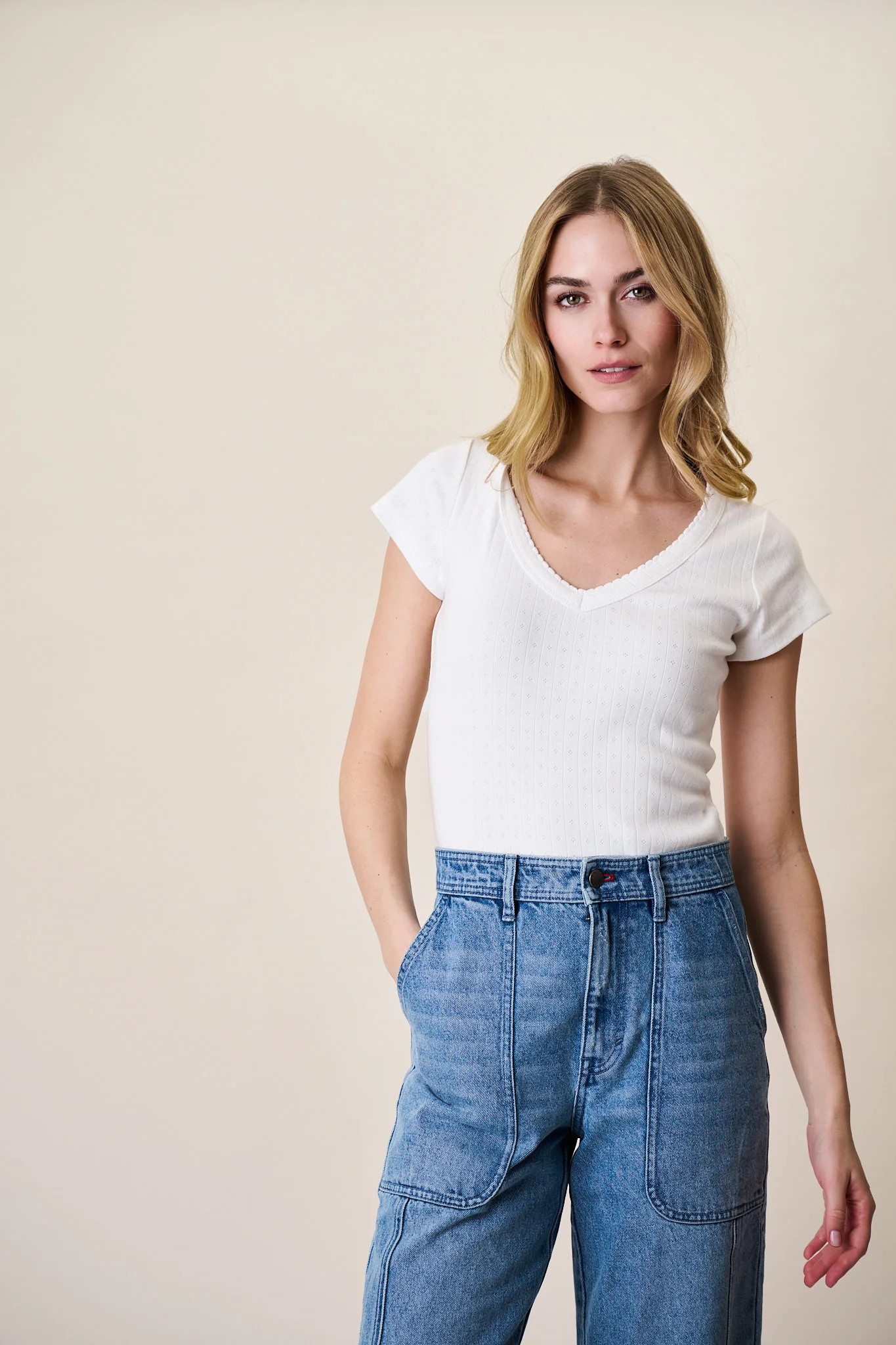 Pointelle Short Sleeve V-Neck - White | Marea
