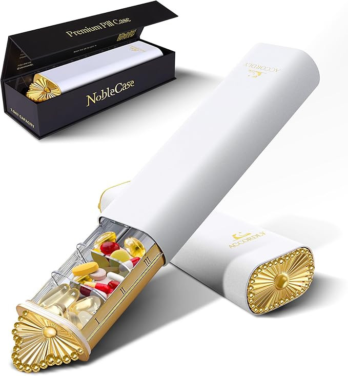 Premium Weekly Pill Organizer, 7-Day Compact Pill Case for Purse, Lightweight Gold Aluminum Pill ... | Amazon (US)