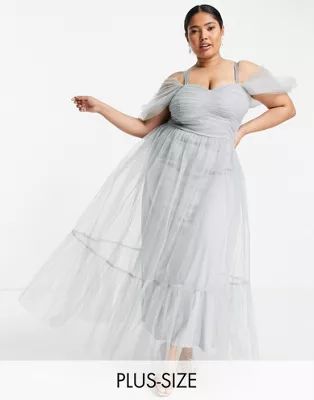 Lace & Beads Plus Bridesmaid Alicia cross back tulle dress in blue | ASOS (Global)