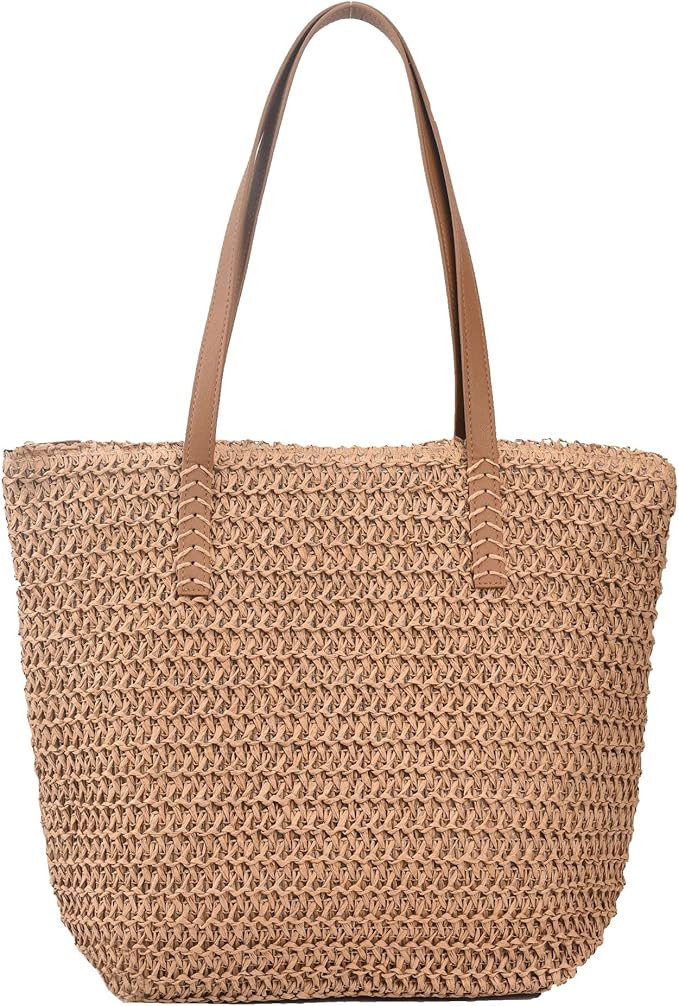 Large Straw Beach Bag for Womens, Straw Handbag Woven Tote Bag With Zipper Summer Straw Shoulder ... | Amazon (US)