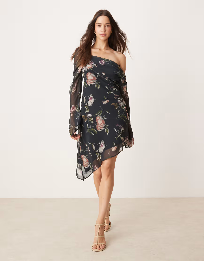 ASOS DESIGN asymmetric floral print long sleeve dress-Multi | ASOS (Global)
