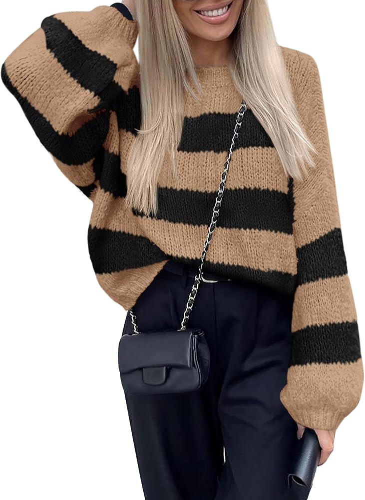 PRETTYGARDEN Womens 2024 Oversized Lantern Long Sleeve Striped Sweaters Fall Casual Crewneck Loos... | Amazon (US)
