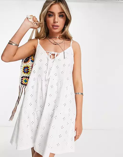 ASOS DESIGN eyelet tiered sundress with tie in white | ASOS (Global)