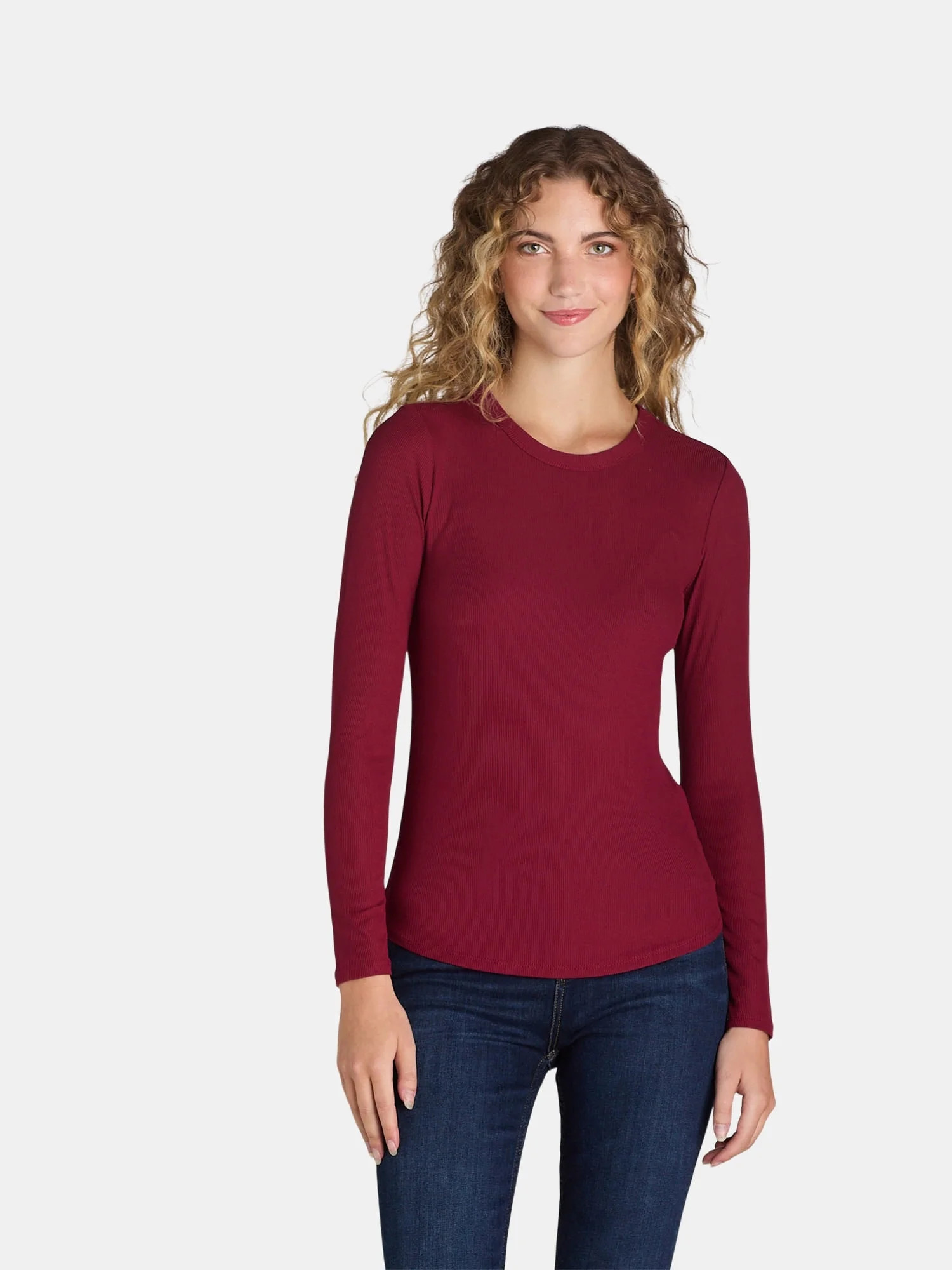 No Boundaries Ribbed Crewneck Tee with Long Sleeves, 1 or 2-Pack, Women's - Walmart.com | Walmart (US)