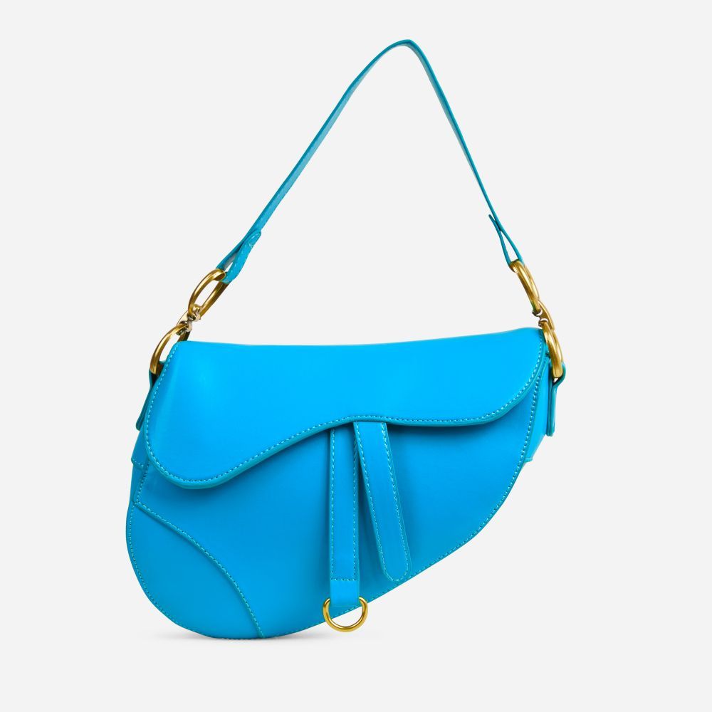Issy Ring Detail Shaped Cross Body Saddle Bag In Blue Faux Leather | Ego Shoes (UK)