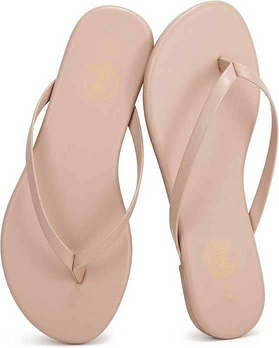 Trary Round Toe Memory Foam Sandals for Women, Vegan Leather Non-Slip Beach Pool Travel Flip Flop... | Amazon (US)