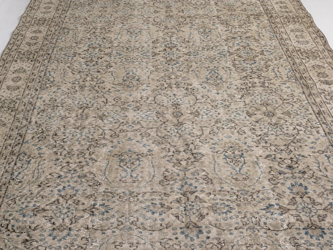 Distressed Oushak Neutral Rug, Beige Brown Blue Rug, 6'5x9'8 ft Carpet Rug, Blue Vintage Rug, 7x9... | Etsy (US)